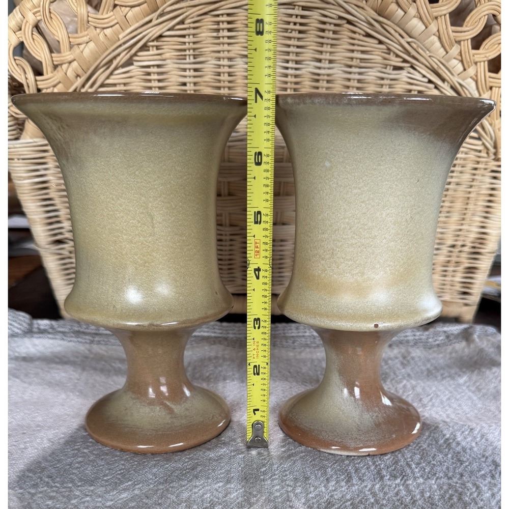 Vintage Set of 60s Frankoma Pottery F35 Flower Vases Desert Gold Glaze 7" - Picture 2 of 6